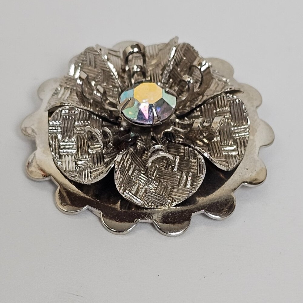 Vintage Scarf Clip‎ Silver Tone Flower Rhinestone AB Layered Textured Scalloped